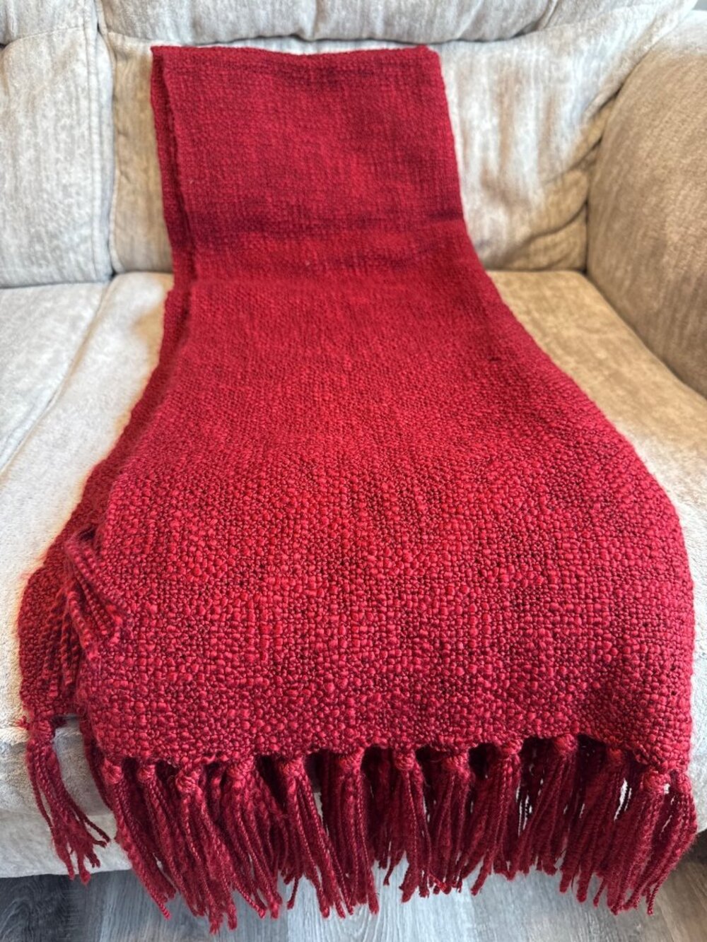 Pottery Barn Chunky Knit Throw Blanket Fringe Red Fall Christmas Holiday Cozy